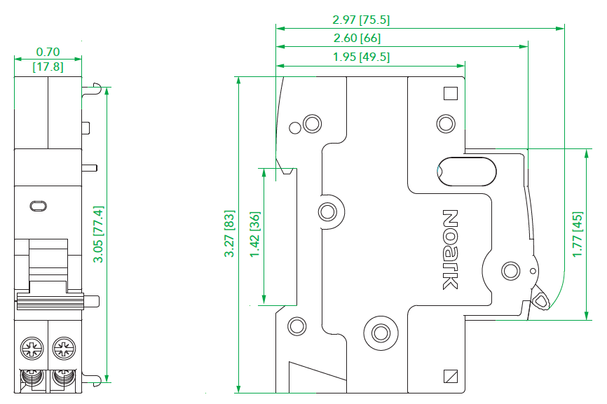 shunt and under volatge trip dimensions UL 1077 supplementary protectors accessories - DIN Rail miniature circuit breakers Noark